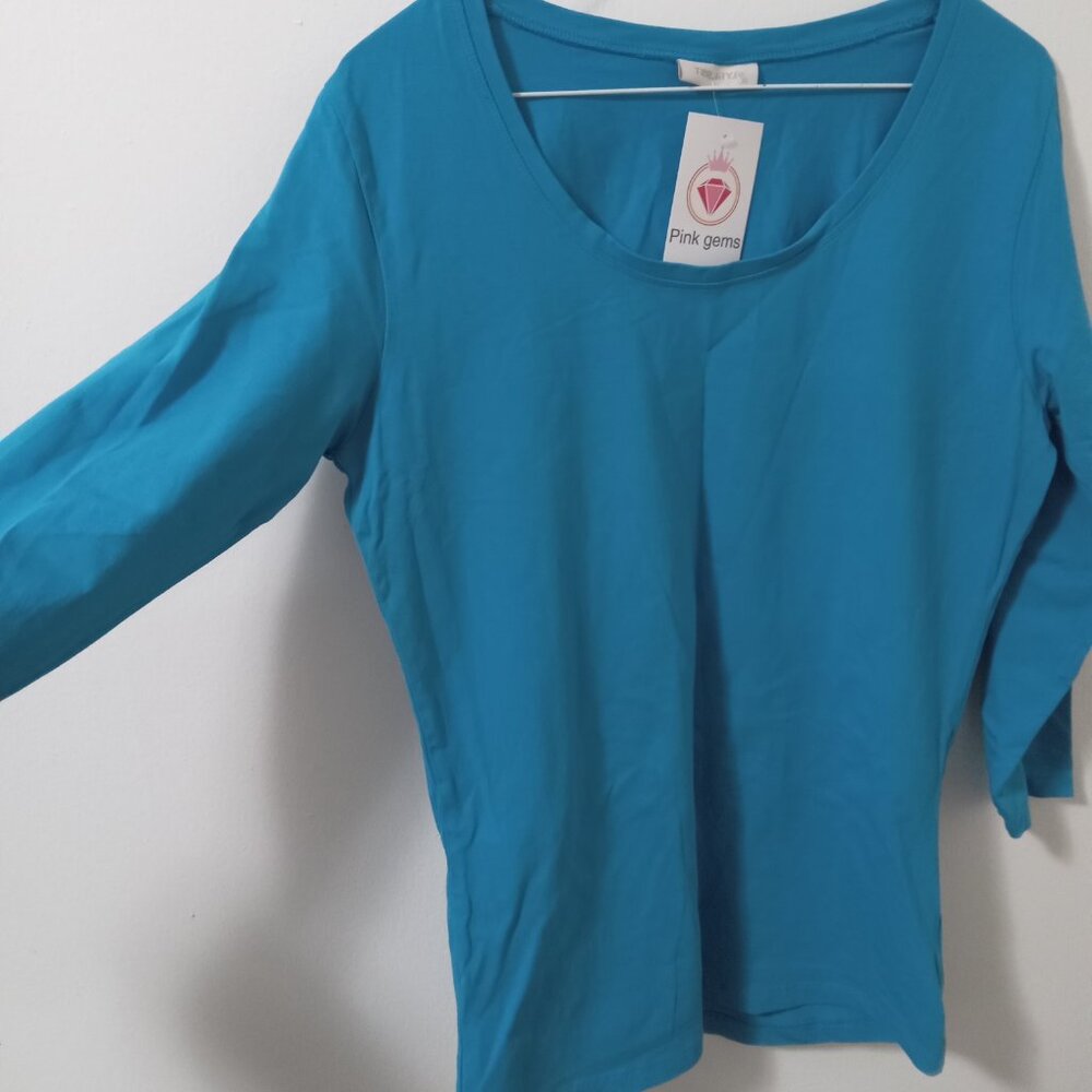 Blue Long Sleeve Cotton Top Women XL Basic Casual Blouse